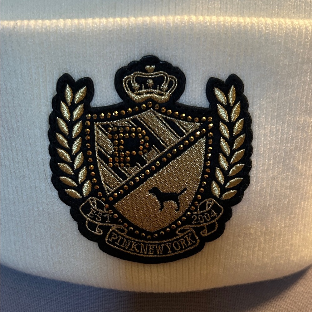 PINK Victoria's Secret White Beanie with Gold Emblem - Picture 3 of 8